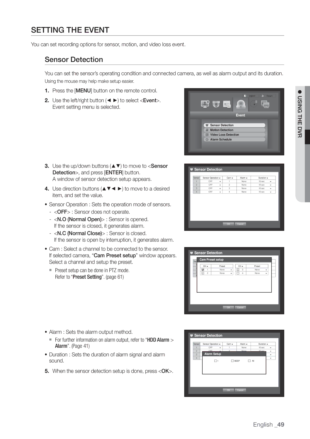 Samsung SRD-440 Setting the Event, Sensor Detection, Detection, and press Enter button, Normal Close Sensor is closed 