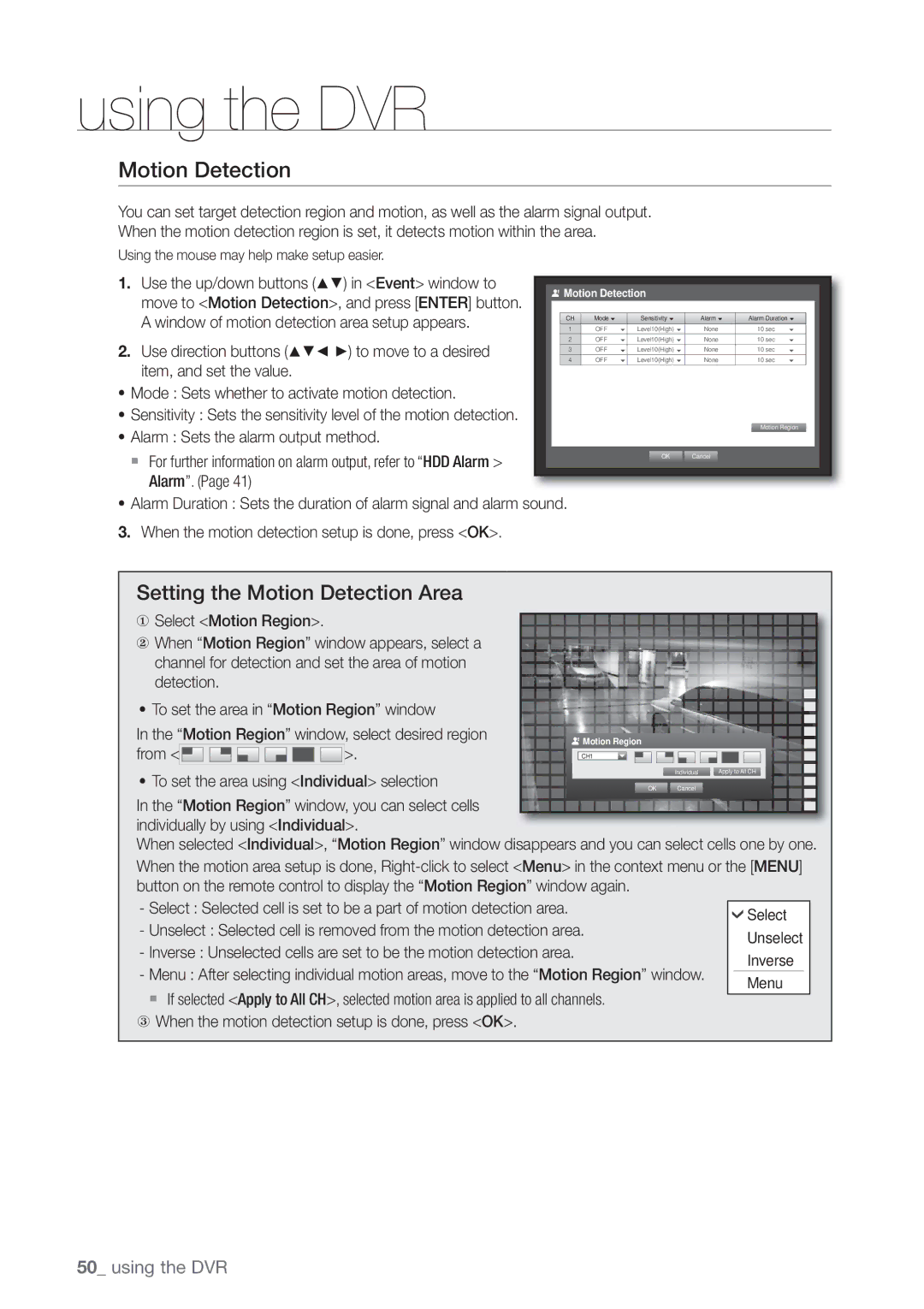 Samsung SRD-440 user manual Setting the Motion Detection Area 