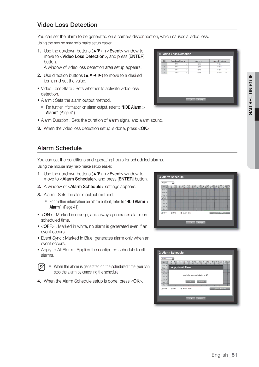 Samsung SRD-440 user manual Alarm Schedule, Move to Video Loss Detection, and press Enter 