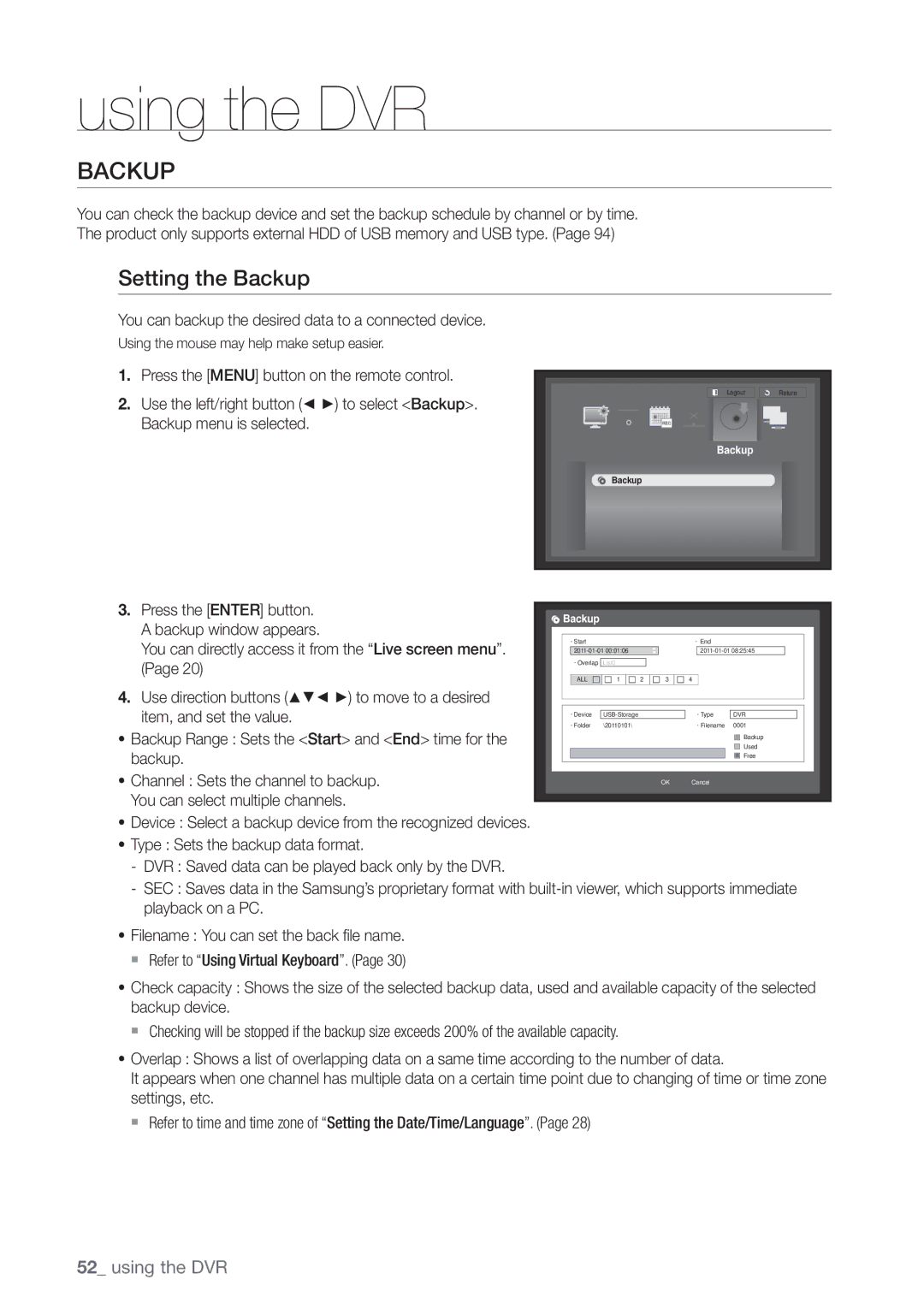 Samsung SRD-440 user manual Setting the Backup, You can backup the desired data to a connected device 