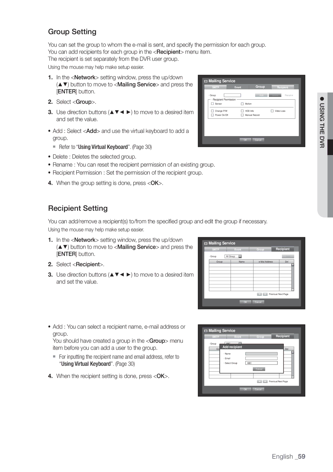 Samsung SRD-440 user manual Group Setting, Recipient Setting, When the recipient setting is done, press OK 