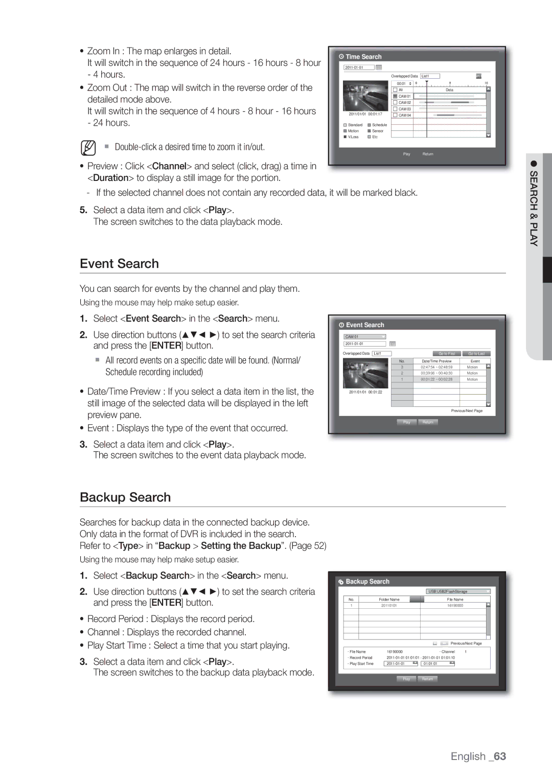 Samsung SRD-440 user manual Event Search, Backup Search, Search & Play 