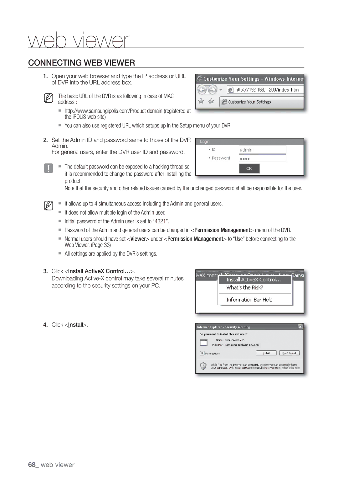 Samsung SRD-440 user manual Connecting WEB Viewer, Click Install 