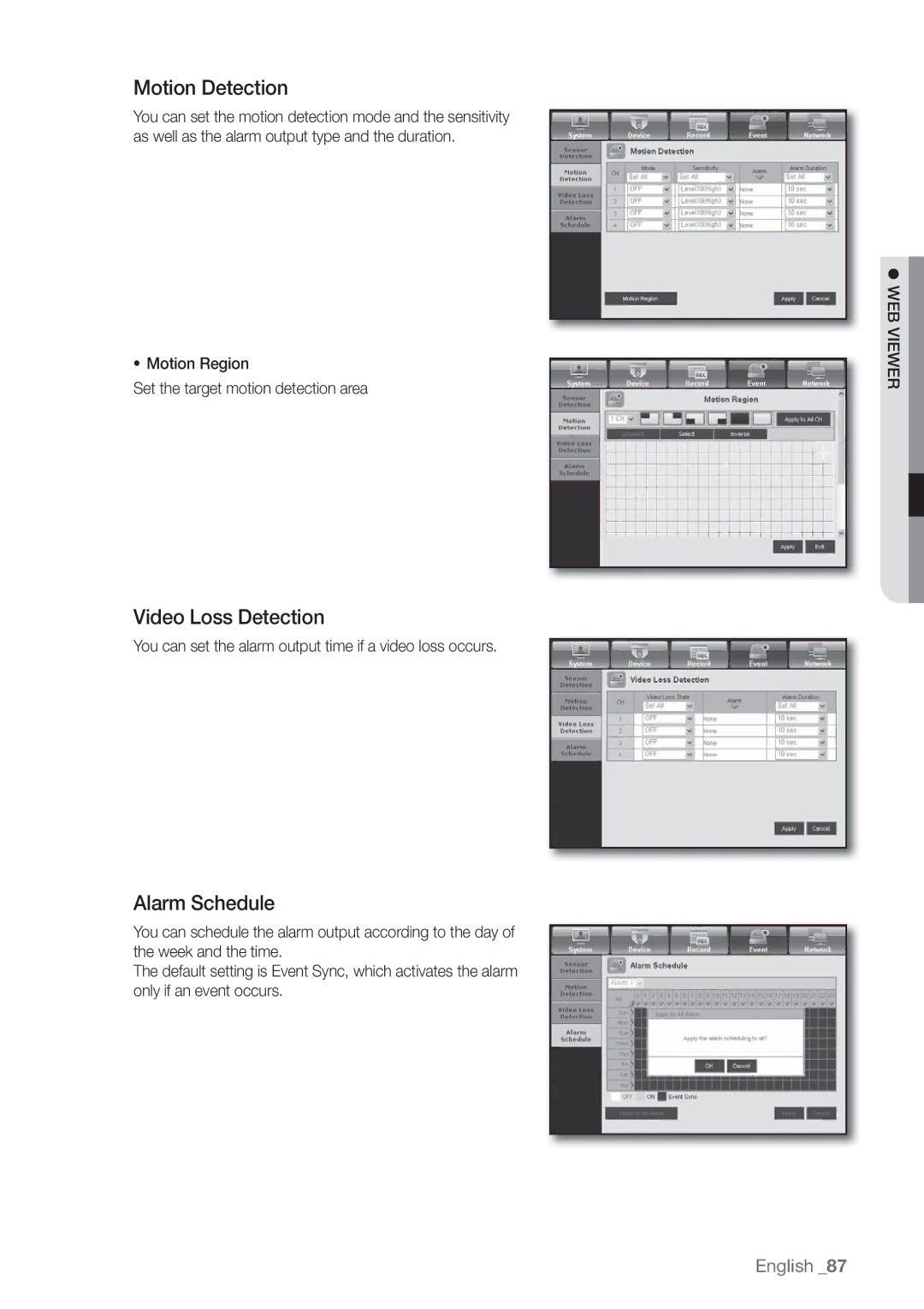 Samsung SRD-440 Motion Detection, Video Loss Detection, Alarm Schedule, Motion Region Set the target motion detection area 