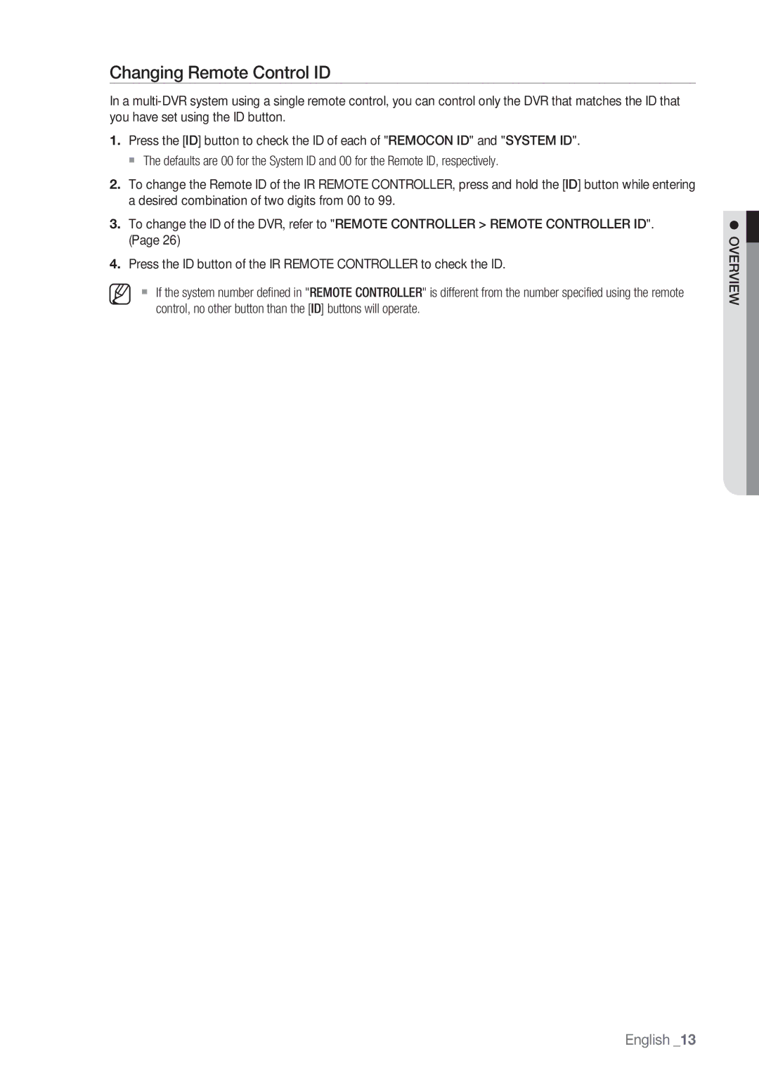 Samsung SRD-450 user manual Changing Remote Control ID, Overview 