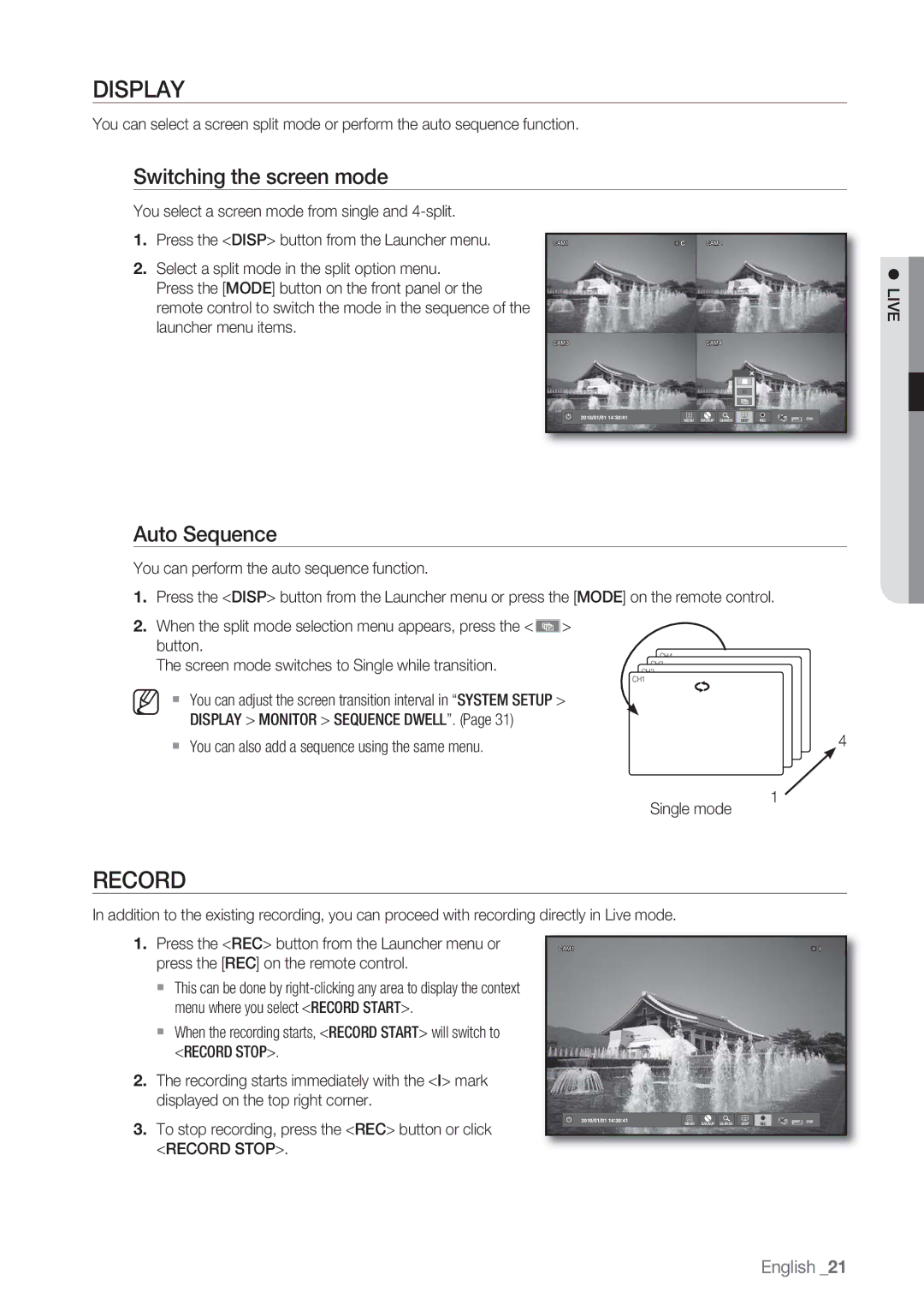 Samsung SRD-450 user manual Display, Record, Switching the screen mode, Auto Sequence 