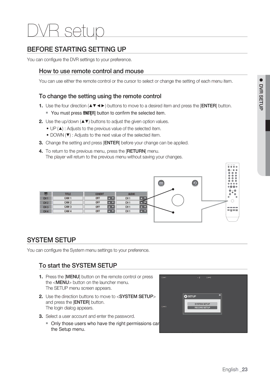 Samsung SRD-450 user manual DVR setup, Before Starting Setting UP, System Setup, How to use remote control and mouse 