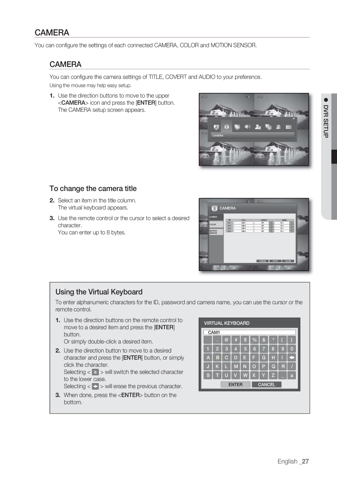 Samsung SRD-450 user manual Camera, To change the camera title, Using the Virtual Keyboard 