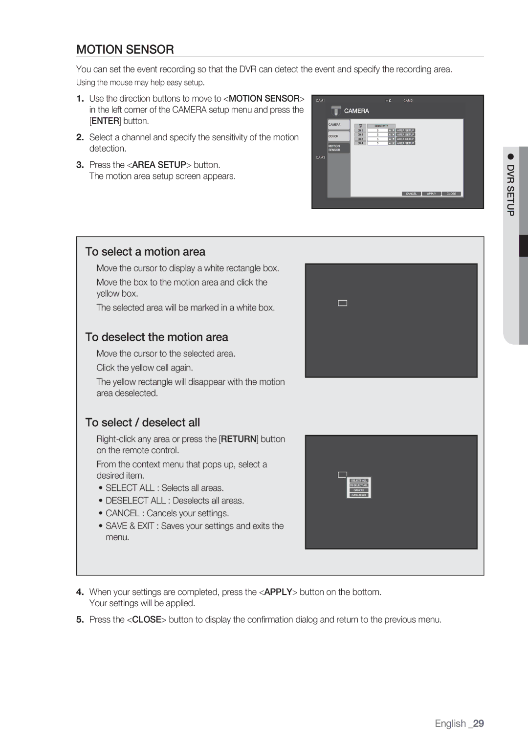 Samsung SRD-450 Motion Sensor, To select a motion area, To deselect the motion area, To select / deselect all, Setup 