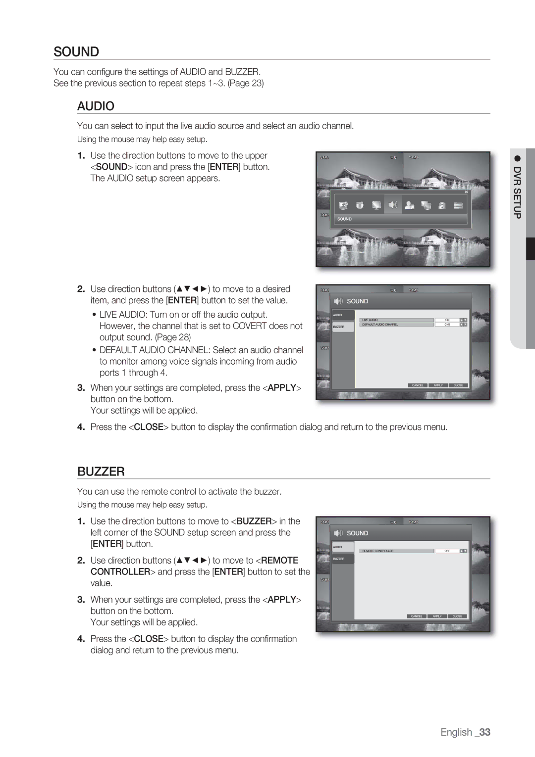 Samsung SRD-450 user manual Sound, Audio, Buzzer, You can use the remote control to activate the buzzer 