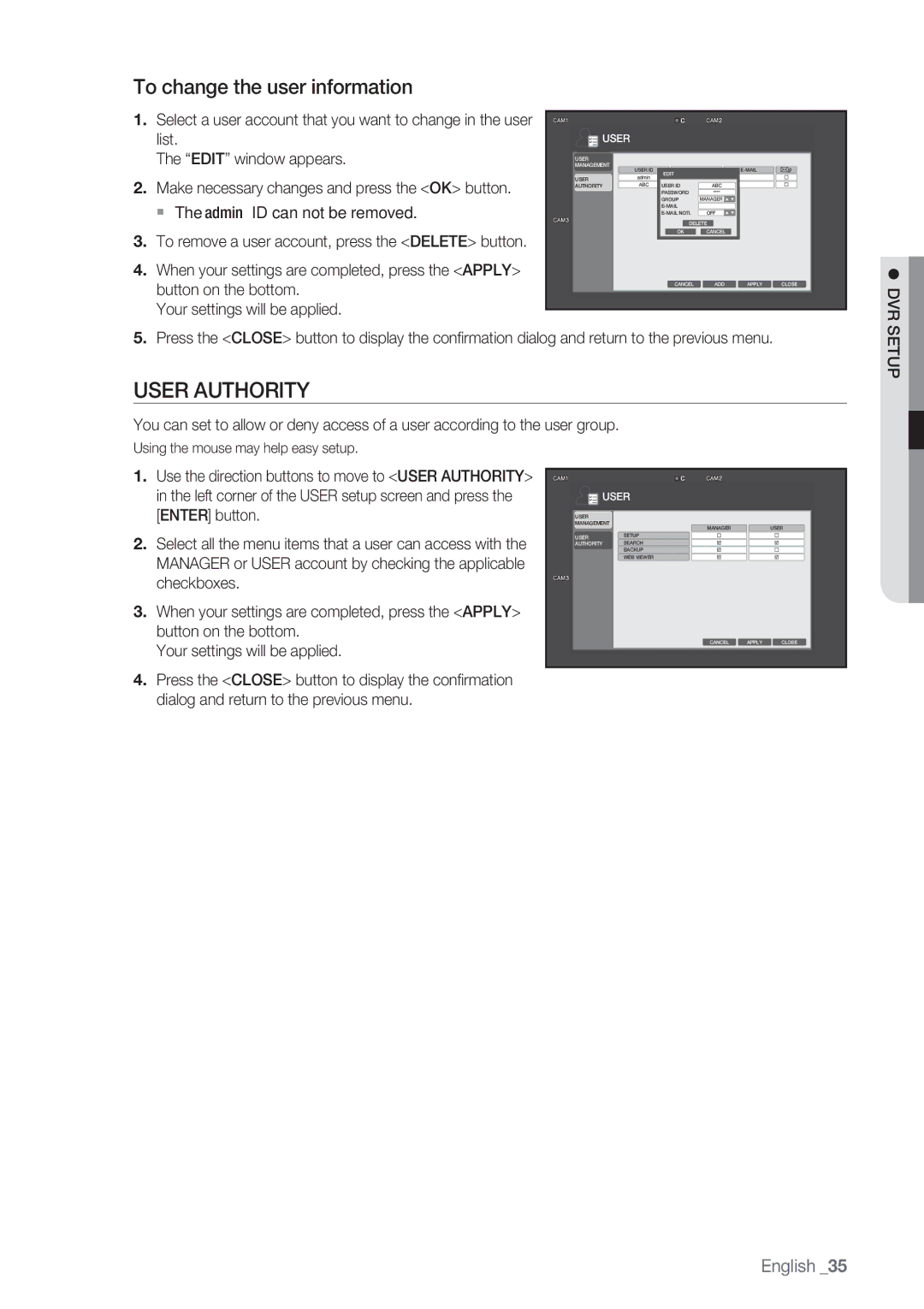 Samsung SRD-450 user manual User Authority, To change the user information 