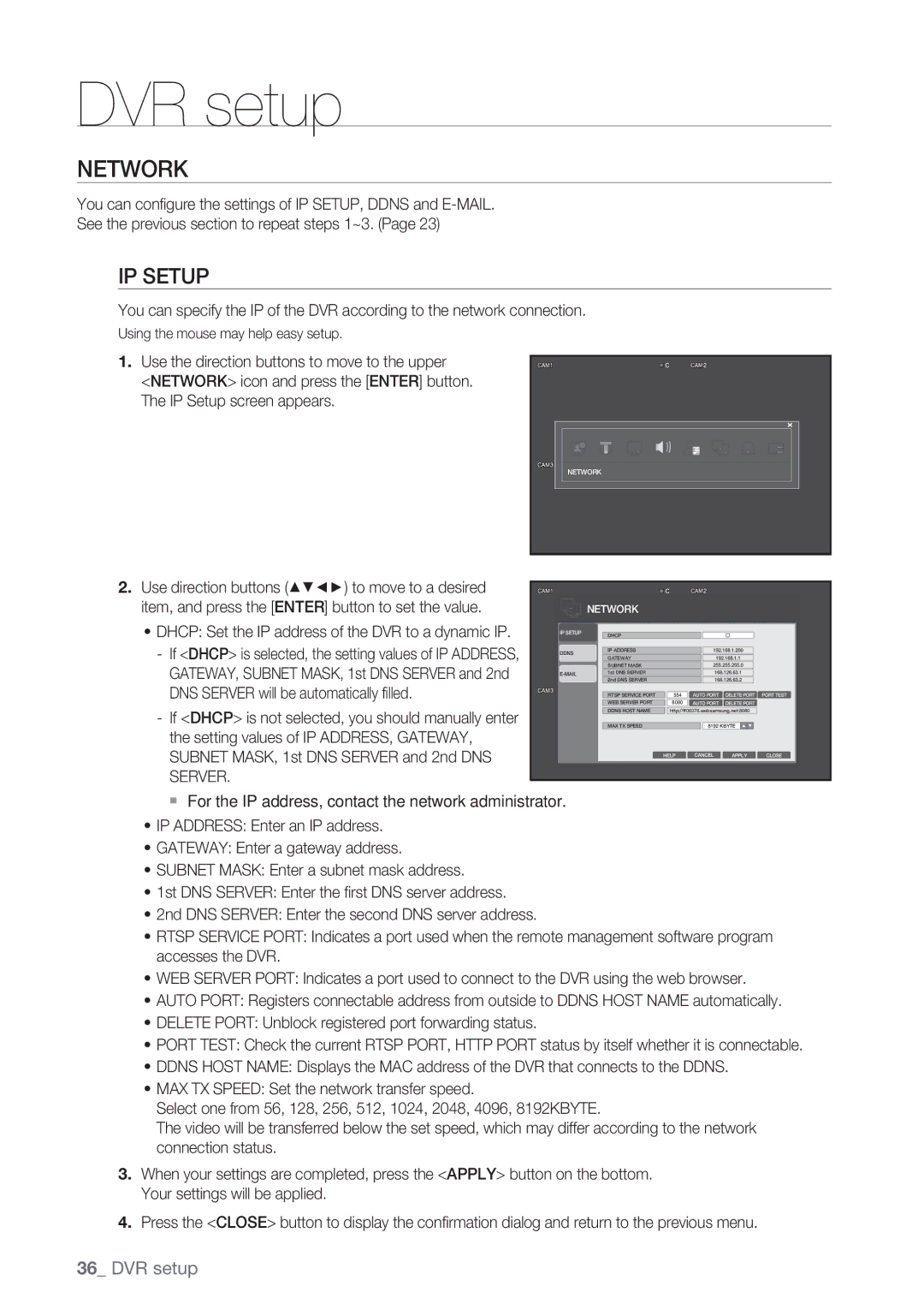 Samsung SRD-450 user manual Network, IP Setup, DNS Server will be automatically filled 