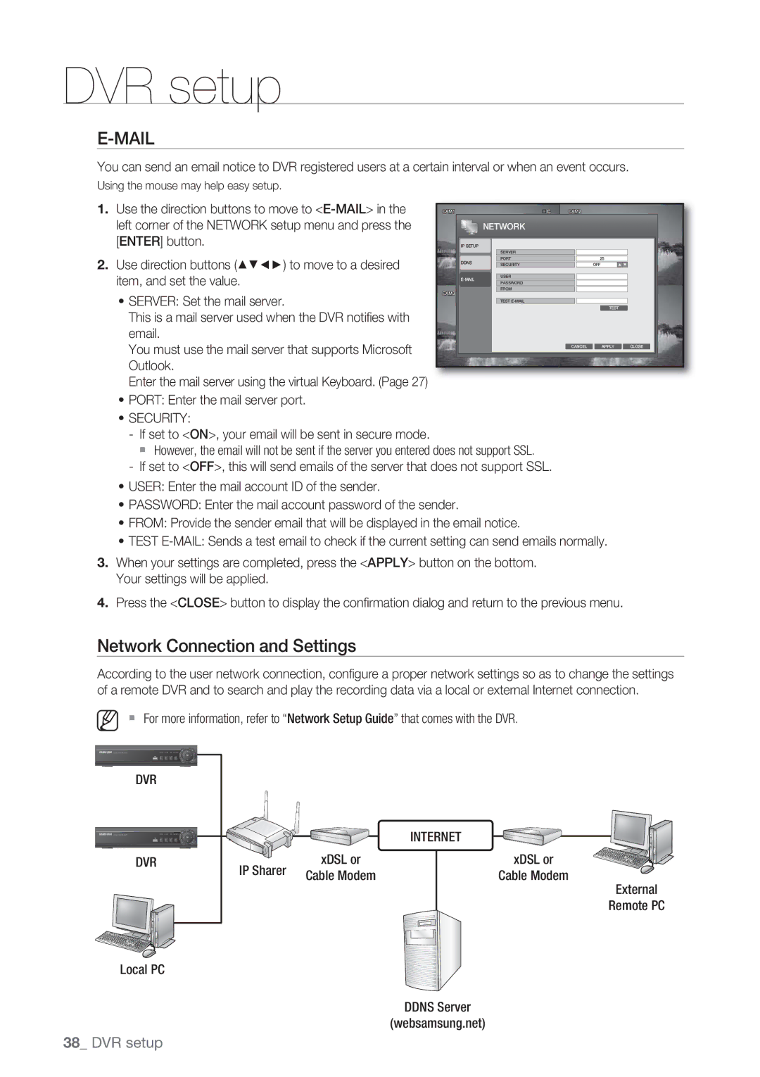 Samsung SRD-450 user manual Mail, Network Connection and Settings, Security, Dvr, Internet 