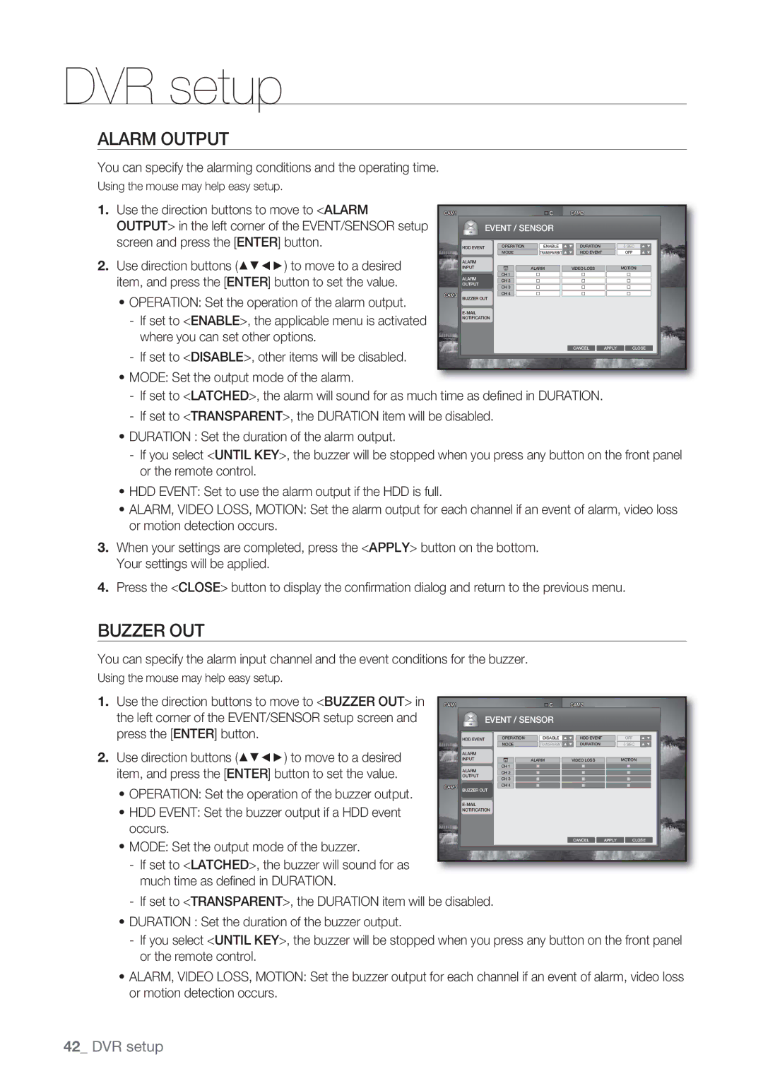 Samsung SRD-450 user manual Alarm Output, Buzzer OUT, Mode Set the output mode of the alarm 