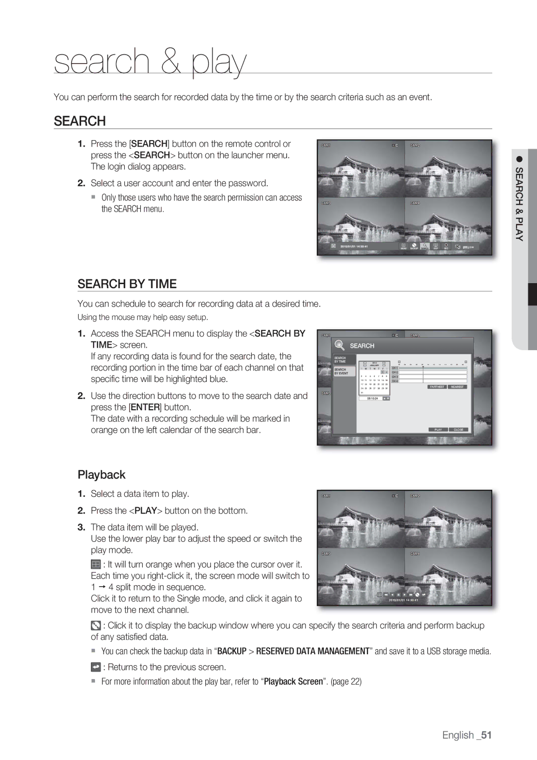 Samsung SRD-450 user manual Search & play, Search by Time, Playback, Search & Play 