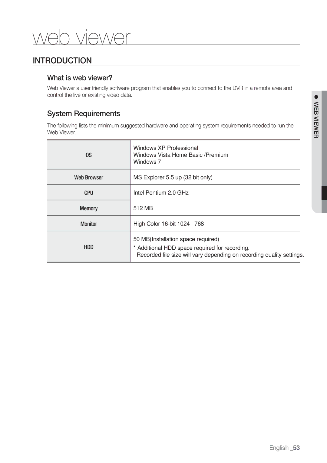 Samsung SRD-450 user manual Web viewer, Introduction, System Requirements, What is web viewer?, WEB Viewer 