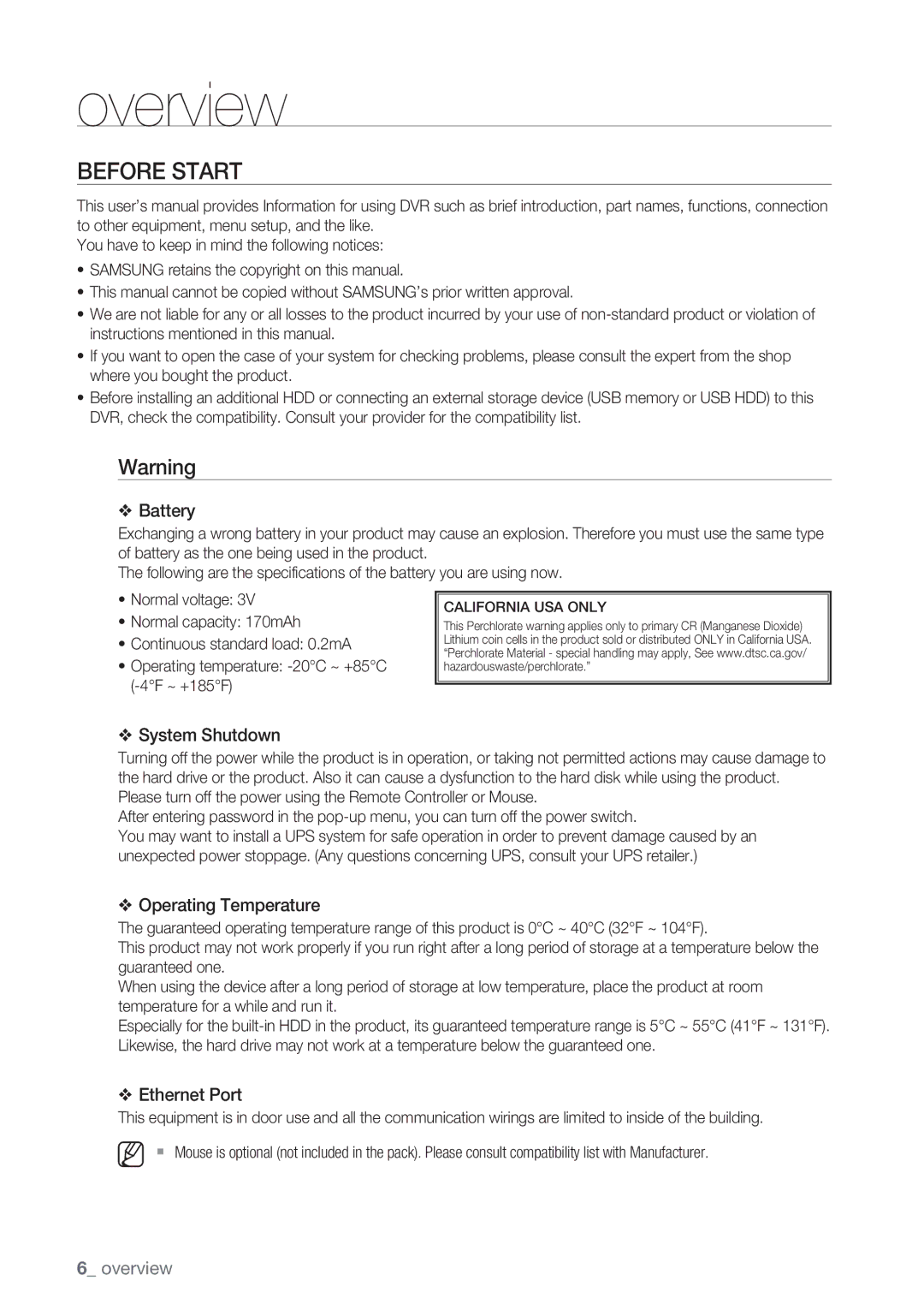 Samsung SRD-450 user manual Before Start, Battery 