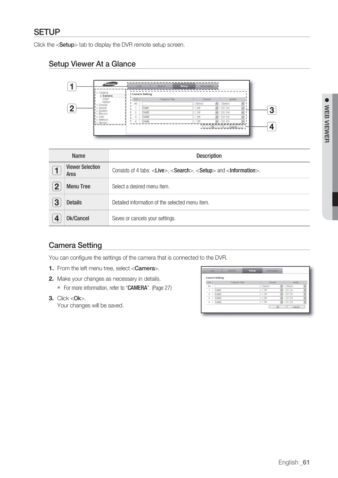 Samsung SRD-450 Setup Viewer At a Glance, Camera Setting, Click the Setup tab to display the DVR remote setup screen 