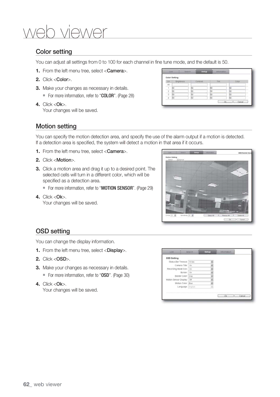 Samsung SRD-450 user manual Color setting, Motion setting, OSD setting 