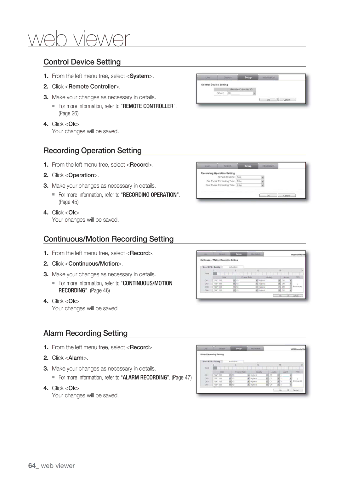 Samsung SRD-450 user manual Control Device Setting, Recording Operation Setting, Continuous/Motion Recording Setting 