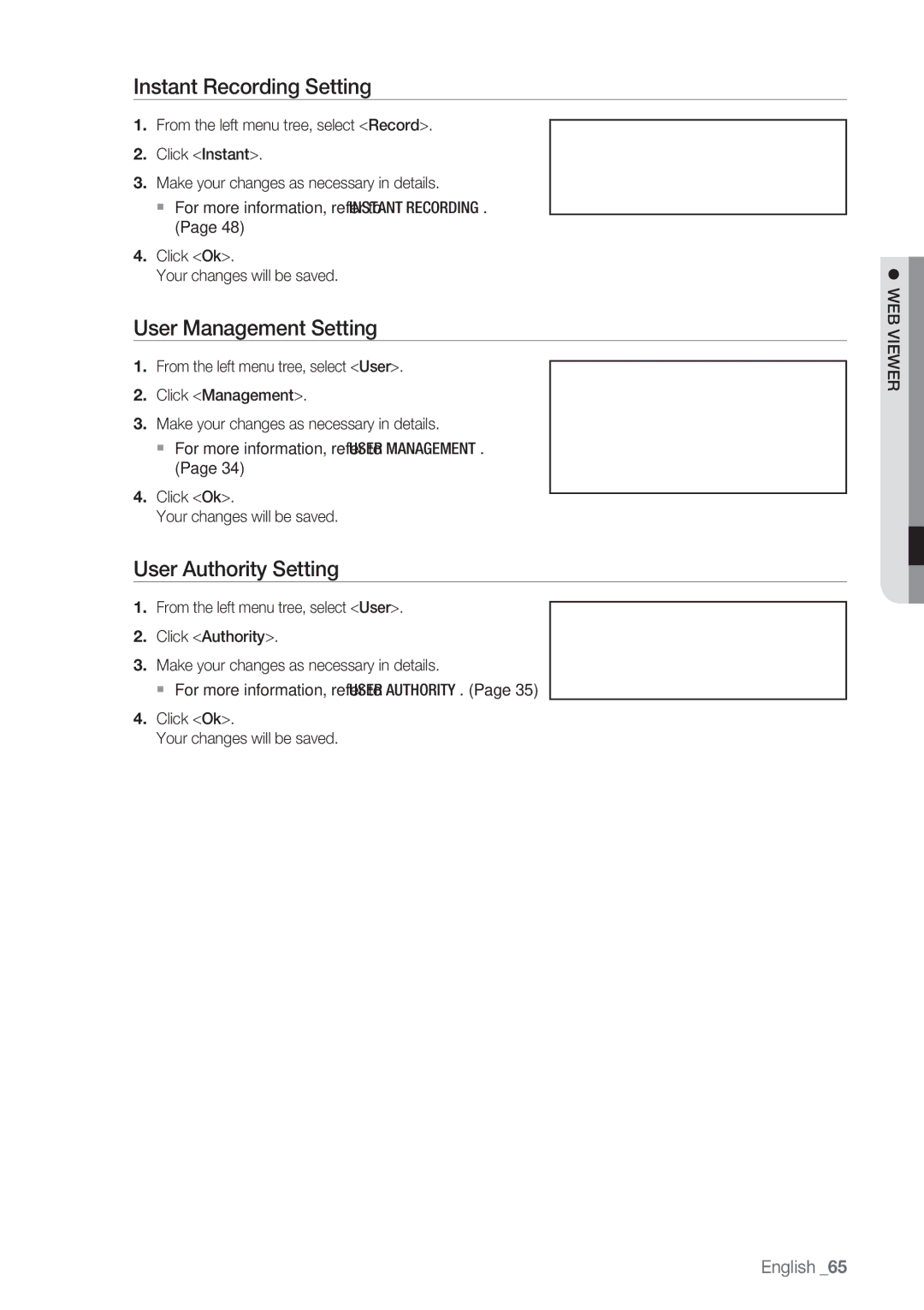 Samsung SRD-450 user manual Instant Recording Setting, User Management Setting, User Authority Setting 