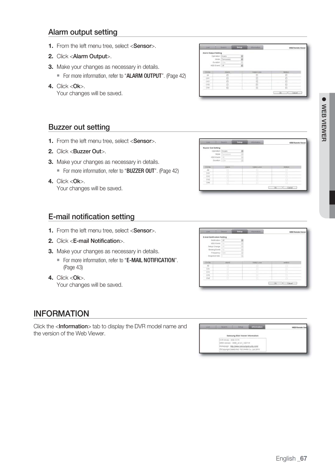 Samsung SRD-450 user manual Information, Alarm output setting, Buzzer out setting, Mail notification setting 