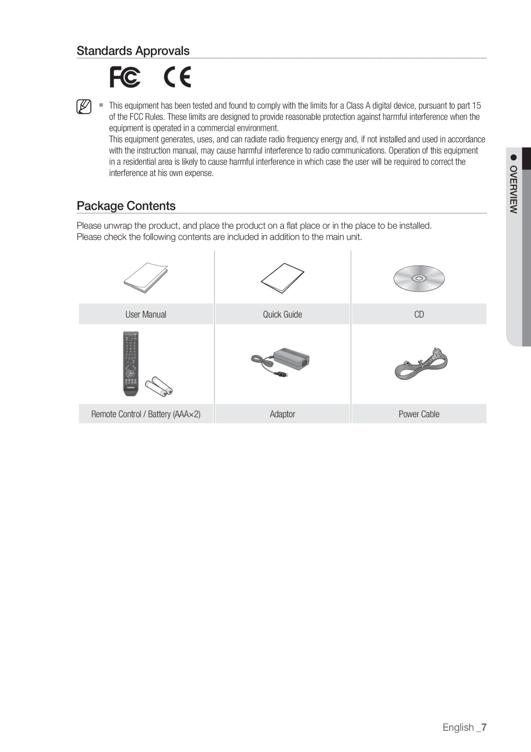 Samsung SRD-450 user manual Standards Approvals, Package Contents 