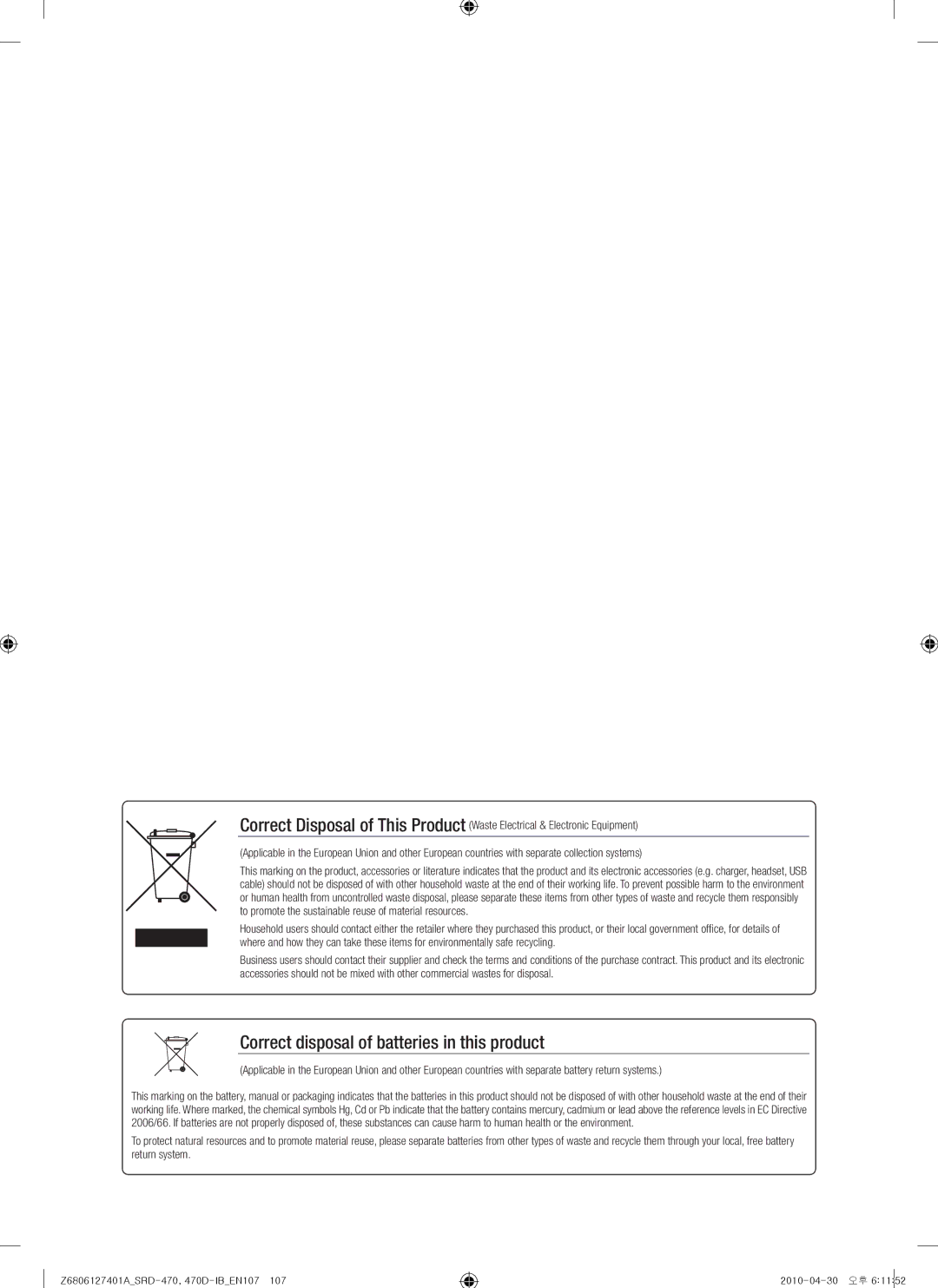 Samsung 470D, SRD-470 user manual Correct disposal of batteries in this product 