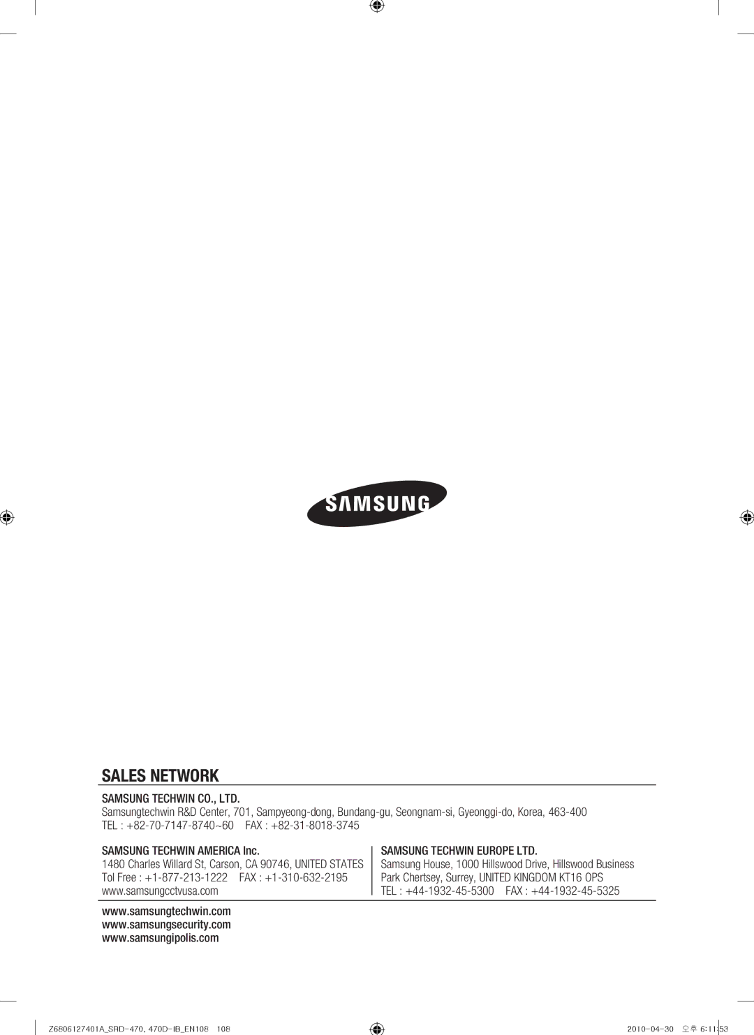 Samsung SRD-470, 470D user manual Sales Network, TEL +44-1932-45-5300 FAX +44-1932-45-5325 