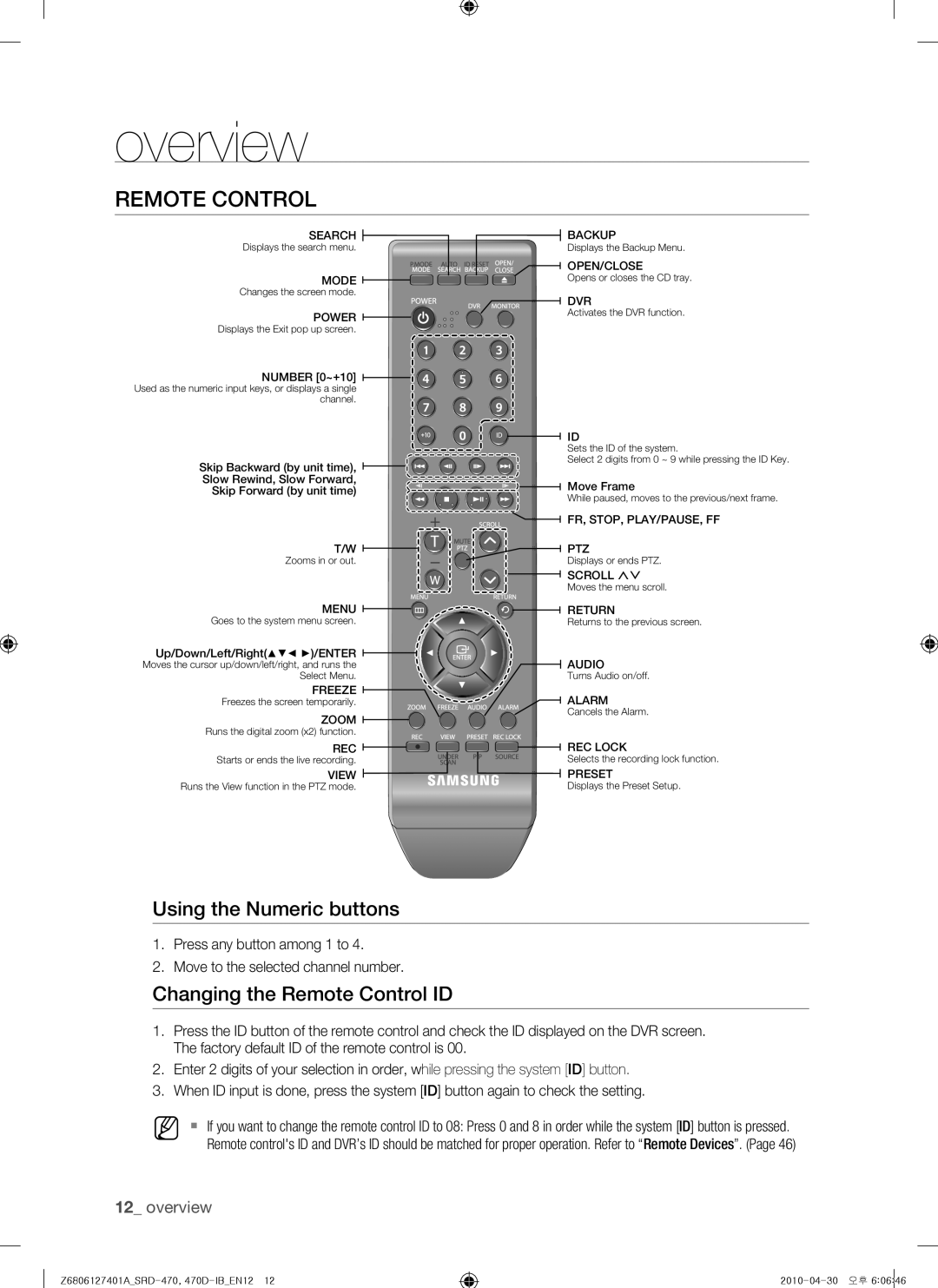 Samsung SRD-470, 470D user manual Using the Numeric buttons, Changing the Remote Control ID 