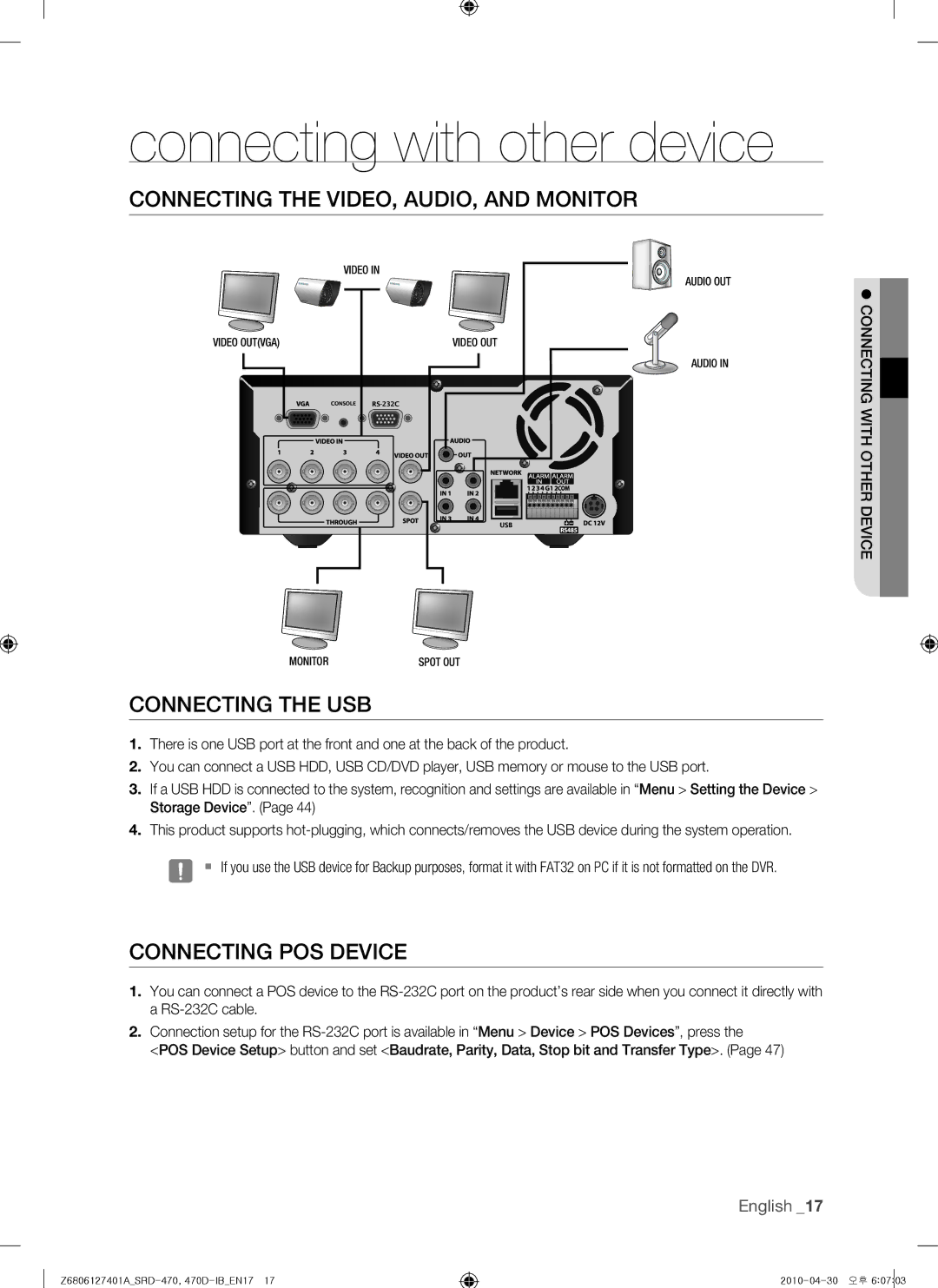 Samsung 470D, SRD-470 user manual Connecting the VIDEO, AUDIO, and Monitor, Connecting the USB, Connecting POS Device 