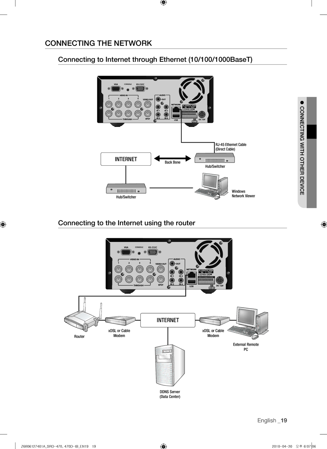 Samsung 470D, SRD-470 user manual Connecting the Network, Connecting to Internet through Ethernet 10/100/1000BaseT 