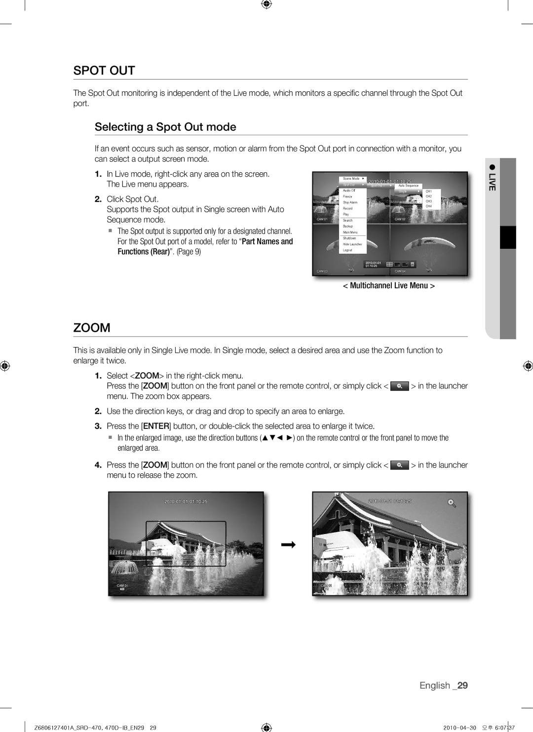 Samsung 470D, SRD-470 user manual Spot OUT, Zoom, Selecting a Spot Out mode, Multichannel Live Menu 