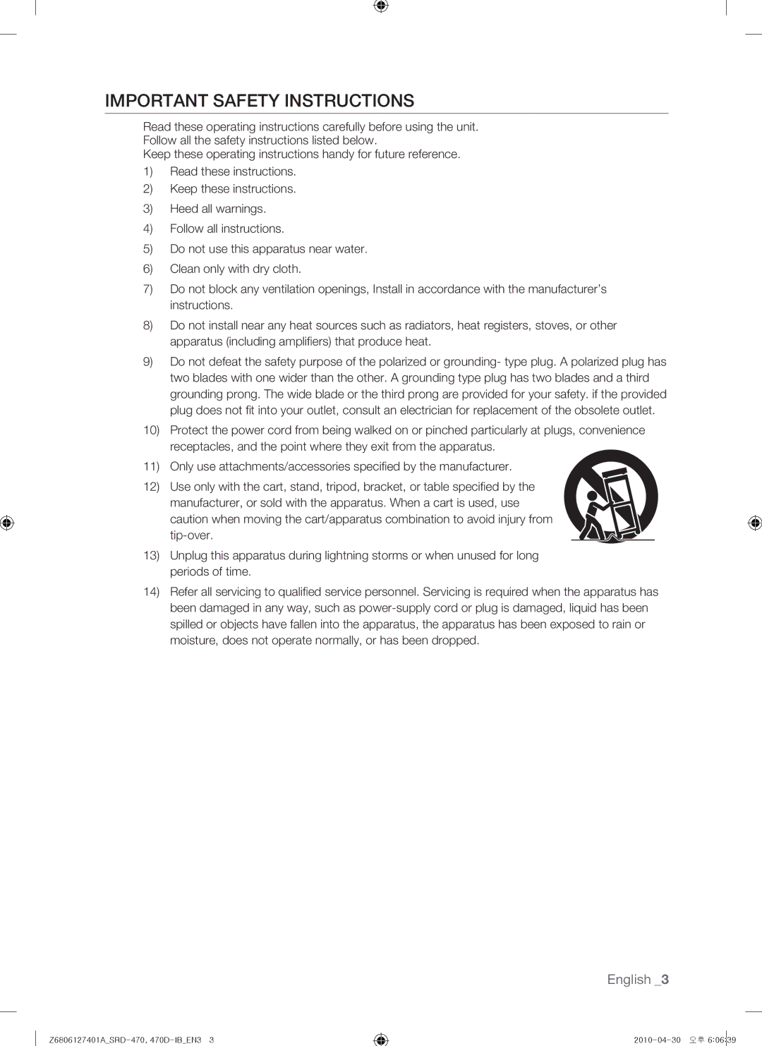 Samsung 470D, SRD-470 user manual Important Safety Instructions 