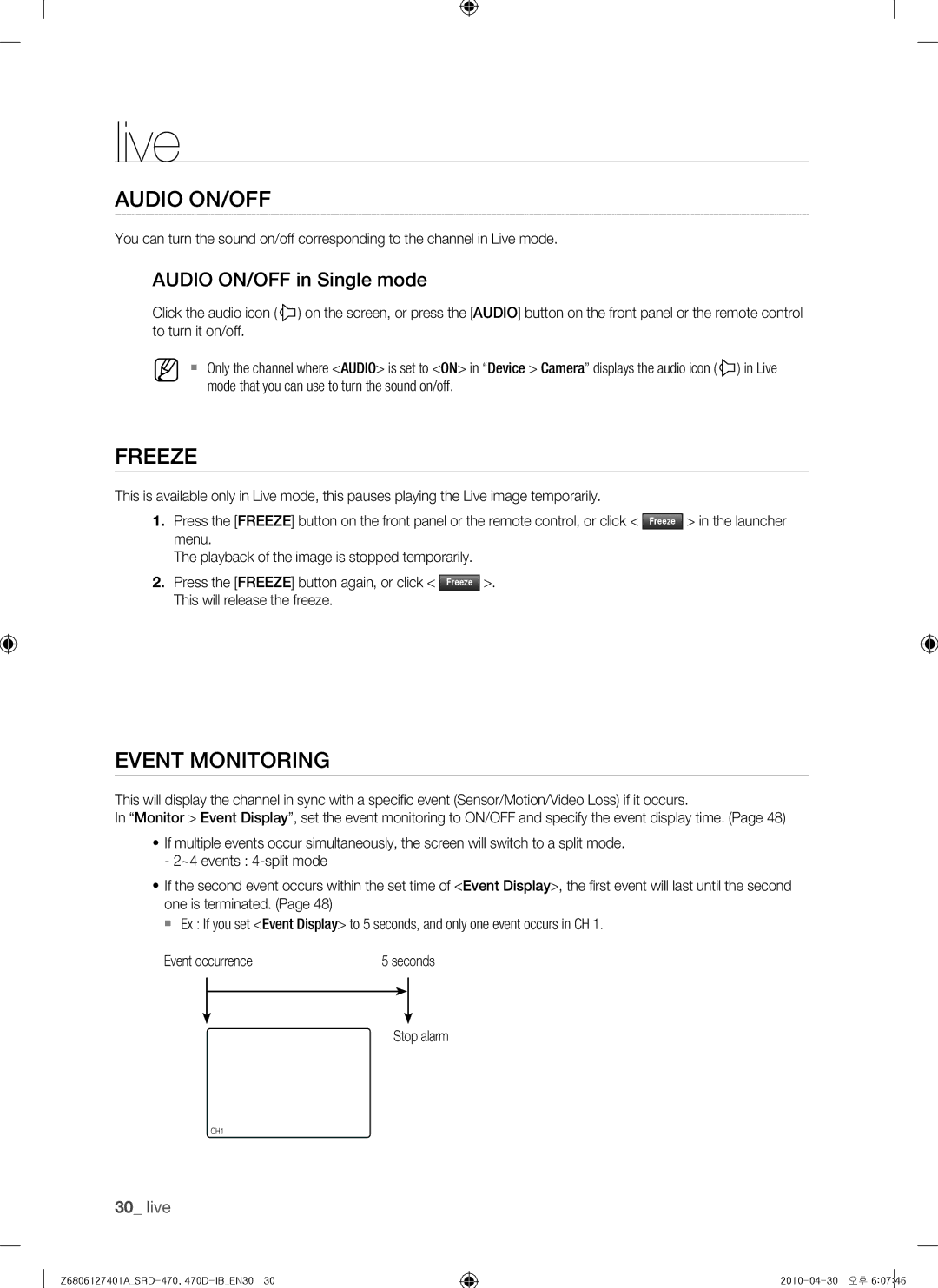 Samsung SRD-470, 470D user manual Freeze, Event Monitoring, Audio ON/OFF in Single mode 