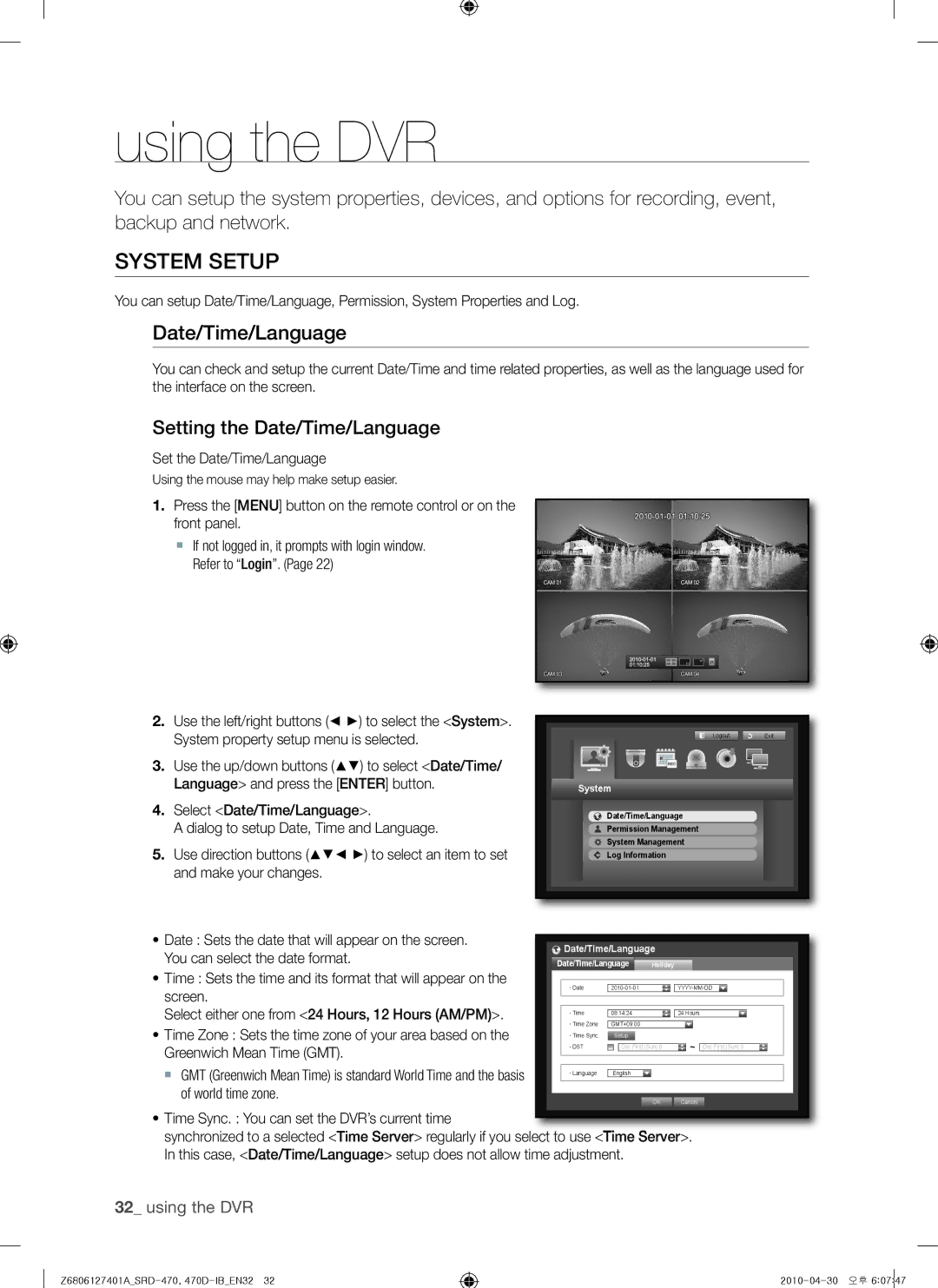 Samsung SRD-470, 470D user manual System Setup, Setting the Date/Time/Language 