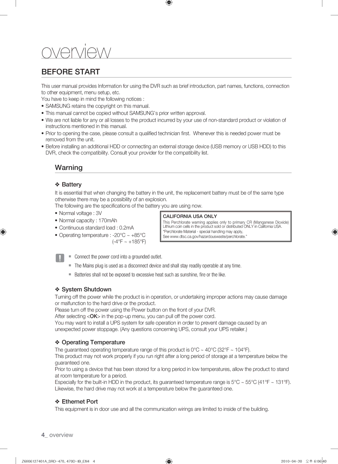 Samsung SRD-470, 470D user manual Before Start, Normal capacity 170mAh, Continuous standard load 0.2mA 