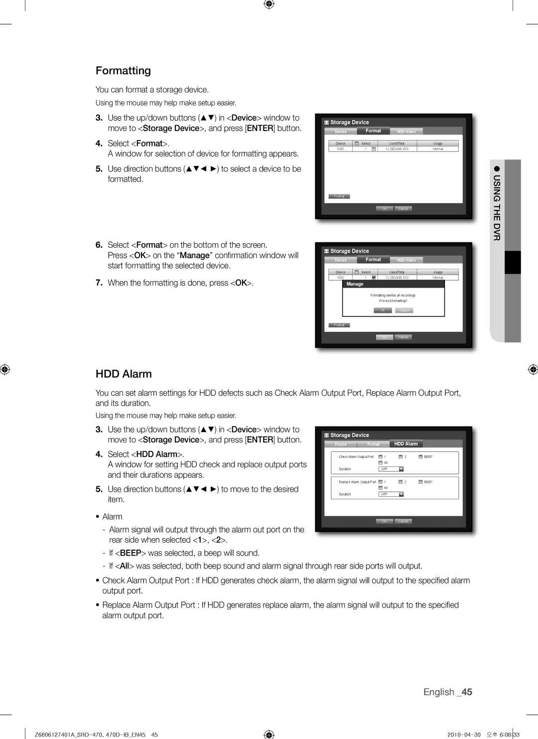 Samsung 470D, SRD-470 user manual Formatting, HDD Alarm, You can format a storage device, Select Format 