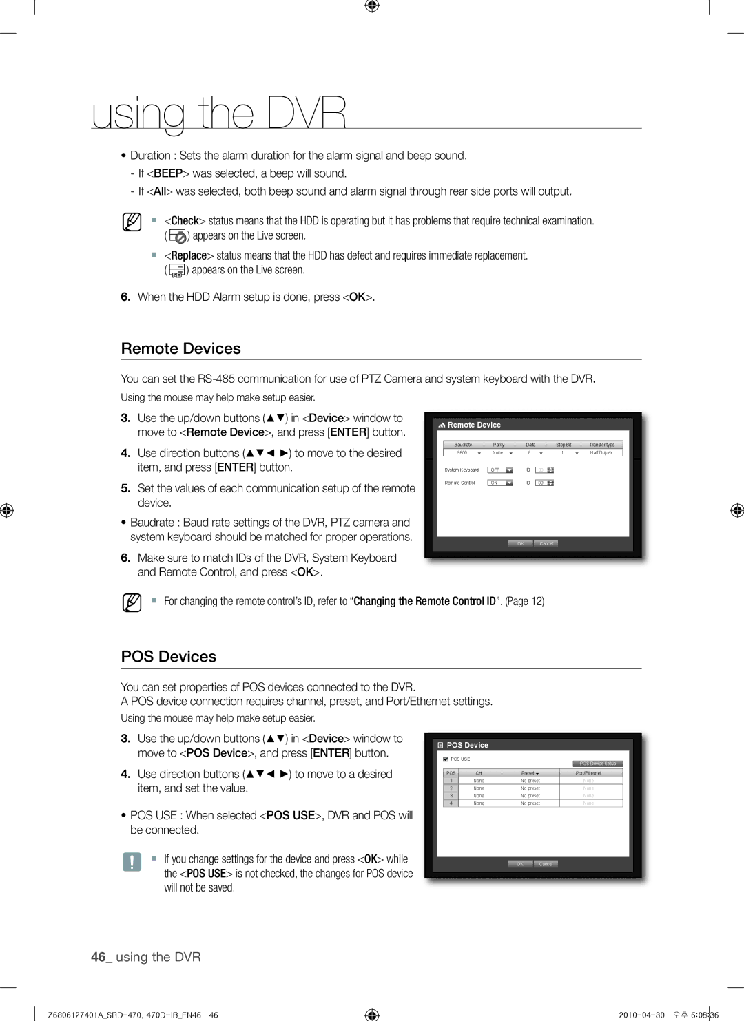 Samsung SRD-470, 470D user manual Remote Devices, POS Devices, Item, and press Enter button 