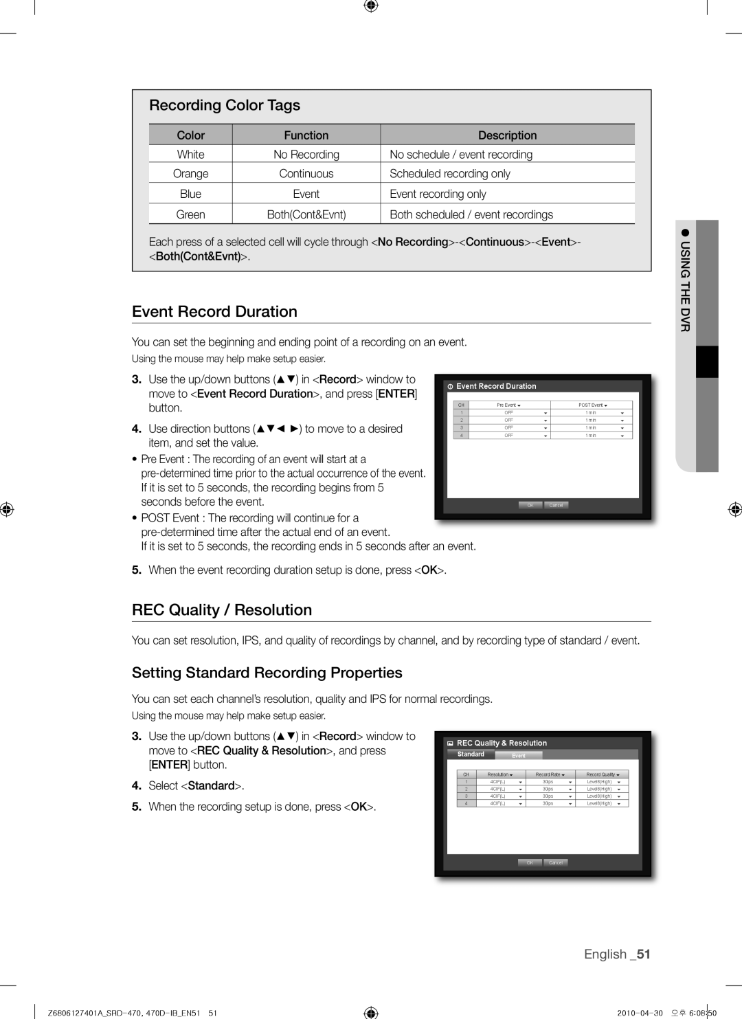 Samsung 470D Event Record Duration, REC Quality / Resolution, Recording Color Tags, Setting Standard Recording Properties 