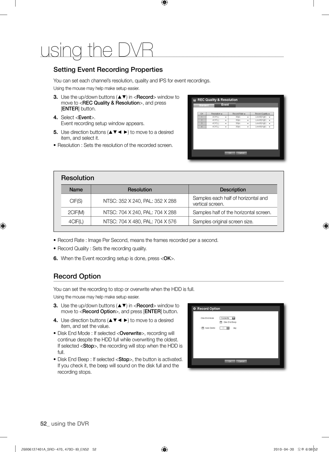 Samsung SRD-470, 470D user manual Record Option, Setting Event Recording Properties, Resolution, Cifs 