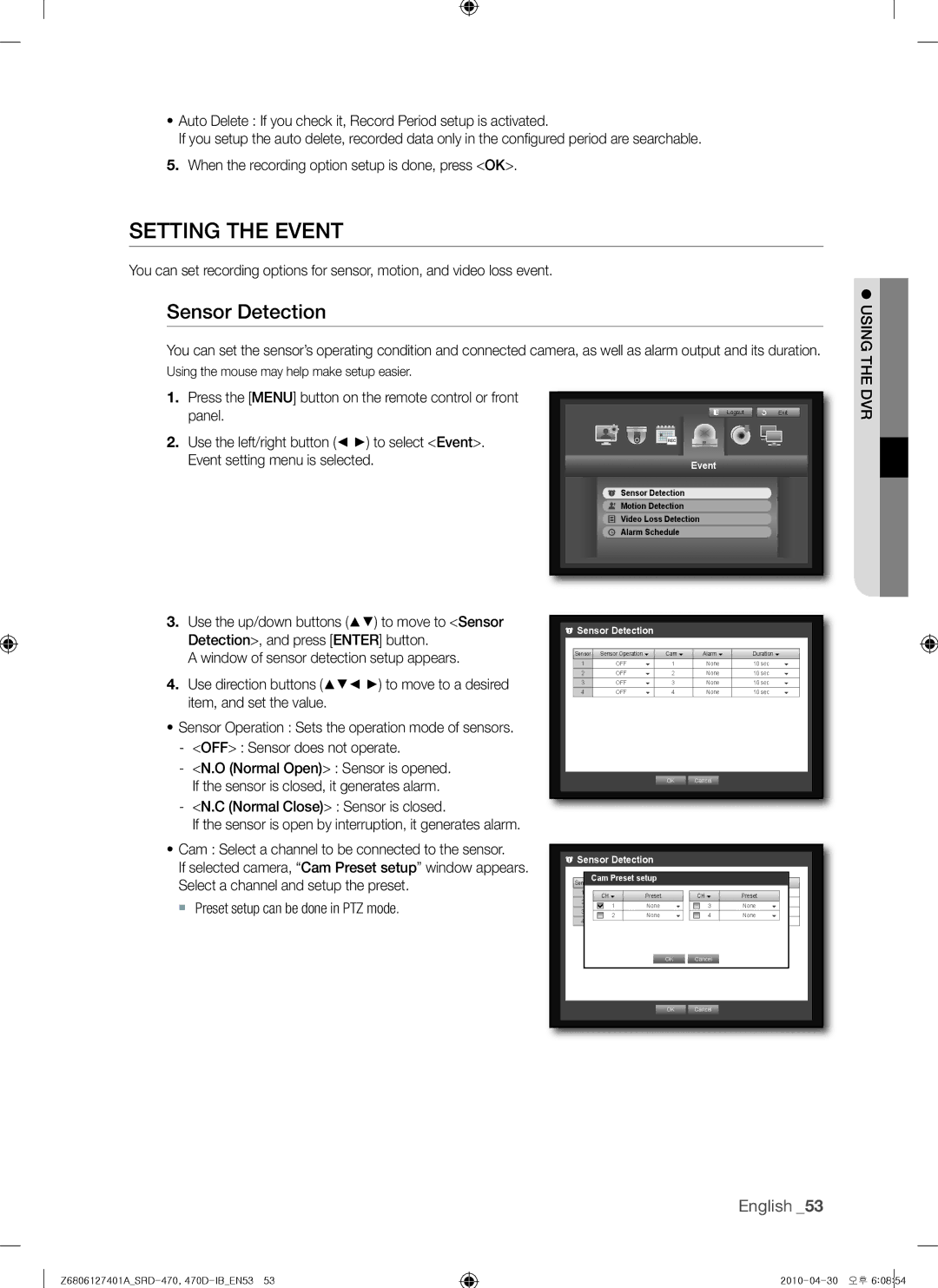 Samsung 470D, SRD-470 user manual Setting the Event, Sensor Detection, Detection, and press Enter button 