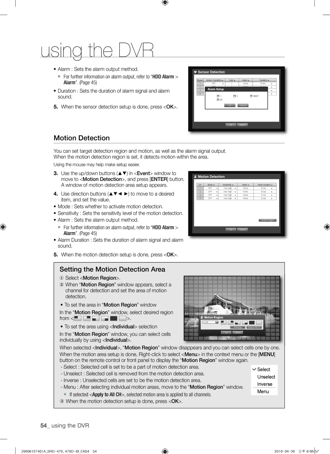 Samsung SRD-470, 470D user manual Setting the Motion Detection Area 