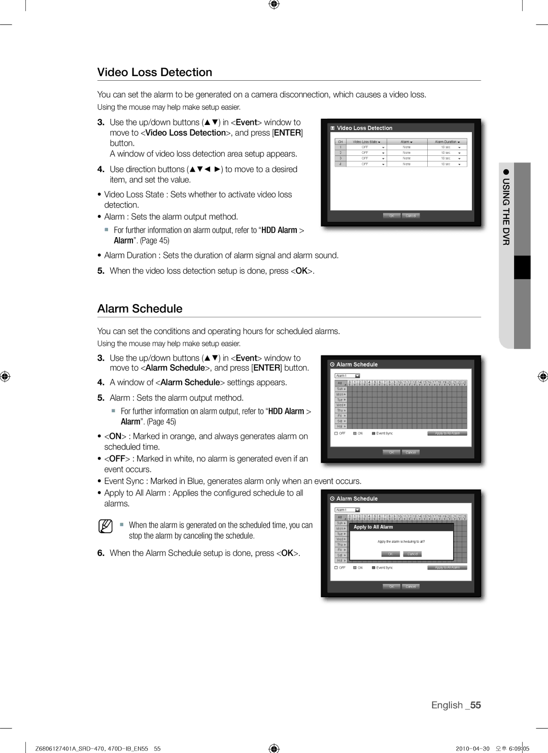 Samsung 470D, SRD-470 user manual Video Loss Detection, Alarm Schedule 