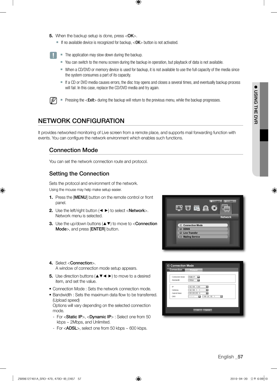 Samsung 470D, SRD-470 user manual Network Configuration, Connection Mode, Setting the Connection 