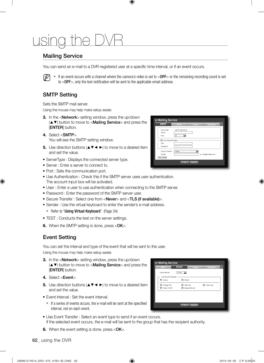 Samsung SRD-470, 470D user manual Mailing Service, Smtp Setting, Event Setting 