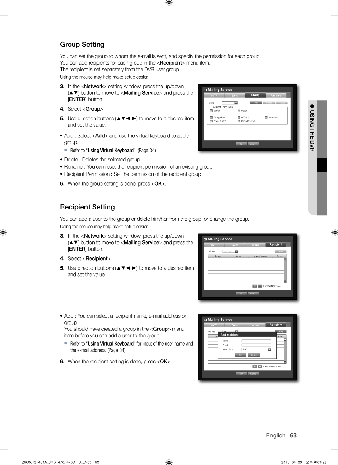 Samsung 470D, SRD-470 user manual Group Setting, Recipient Setting, GroupAdd recipient 