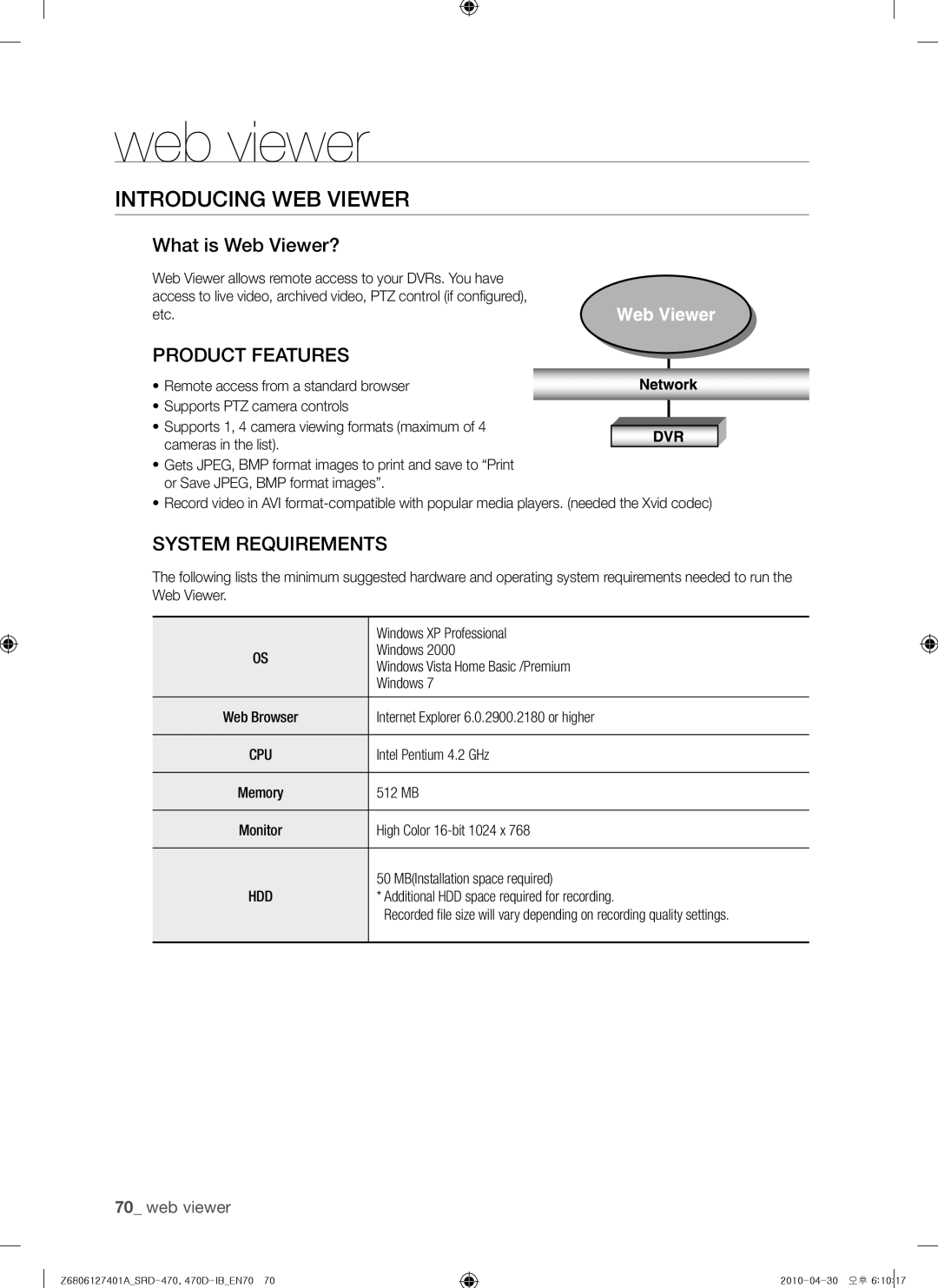 Samsung SRD-470, 470D user manual Introducing WEB Viewer, What is Web Viewer?, Product Features, System Requirements 