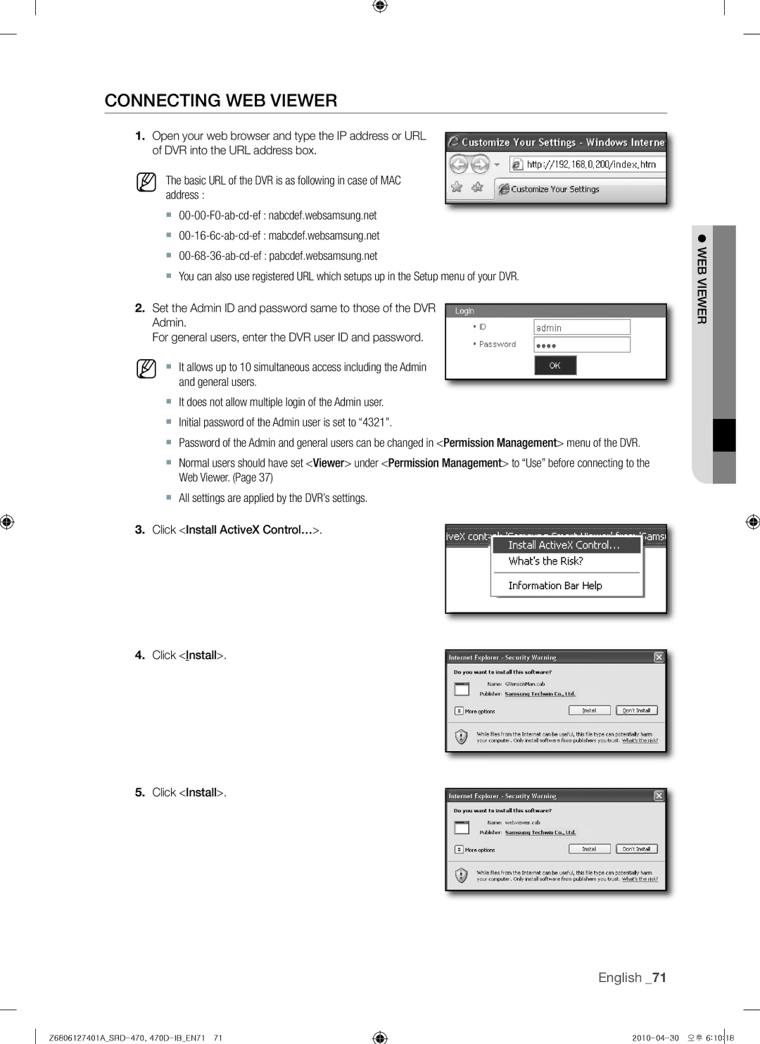 Samsung 470D, SRD-470 user manual Connecting WEB Viewer,  WEB Viewer 