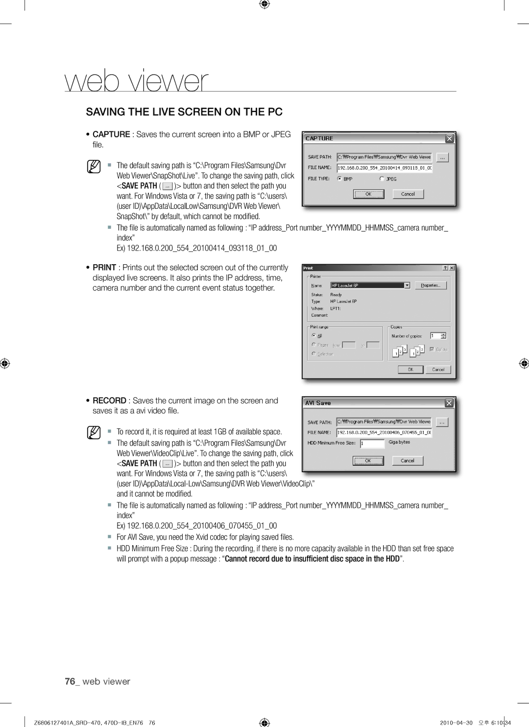 Samsung SRD-470, 470D user manual Saving the Live Screen on the PC, Capture Saves the current screen into a BMP or Jpeg ﬁ le 